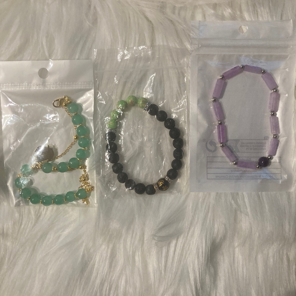 3 Multicolored Bracelets Bundle Beaded Green Black Purple Bracelet Lot Women’s